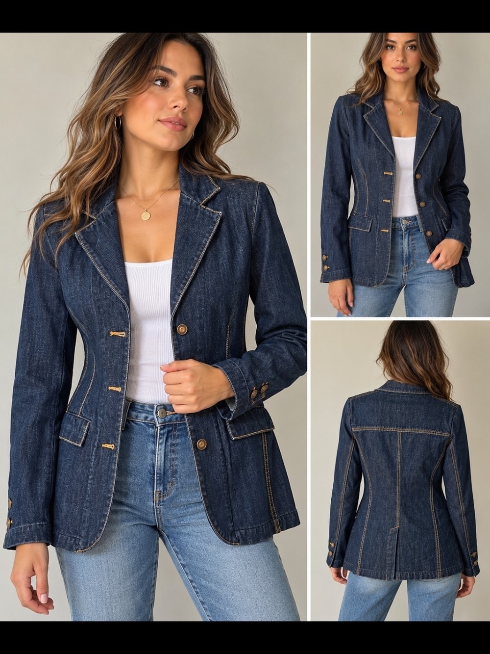 Vintage Y2K Earl Jean Denim Blazer SZ L 100 % Cotton Made In USA